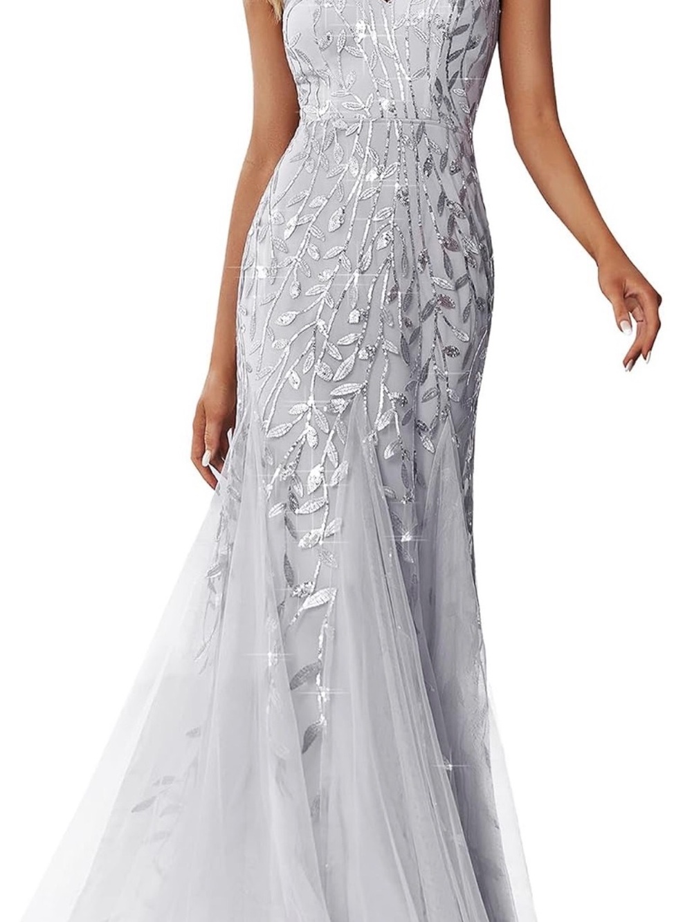 Elegant Silver Embellished Evening Gown